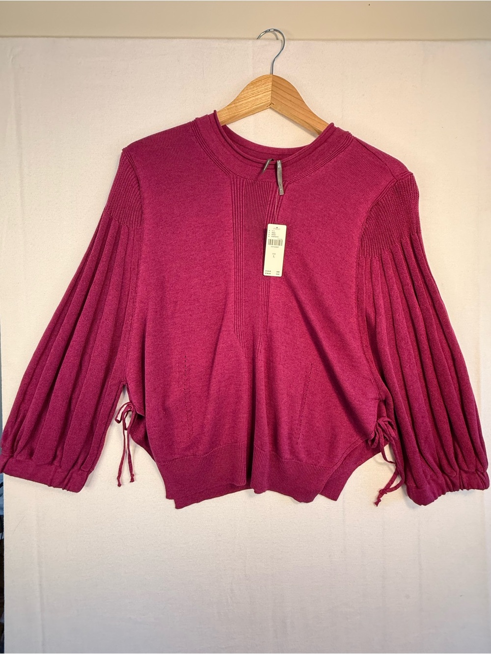 Anthropologie Fuchsia Pleated-Sleeve Tie-Hem Pullover